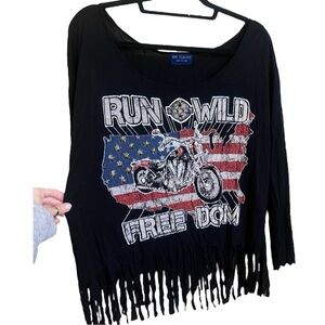 The Classic Motorcycle USA Bling Fringe Off The Shoulder Long Sleeve Top Medium